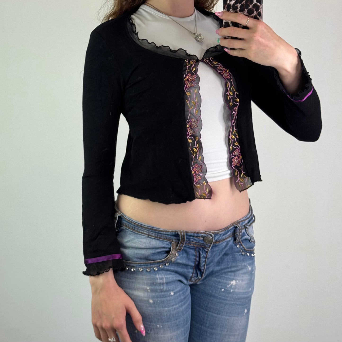 Y2K vintage floral trim cardigan hook and eye open front lettuce hem long sleeve