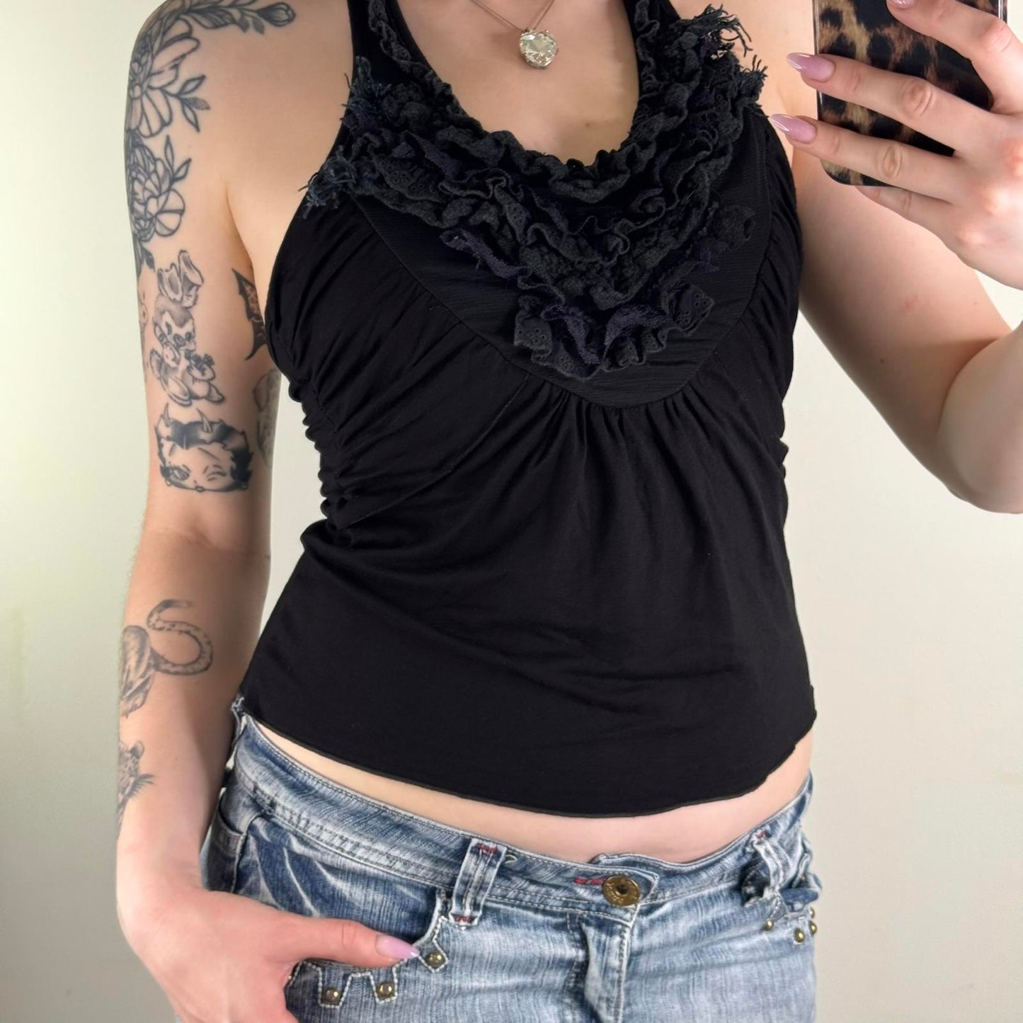 Y2K vintage halter neck tank top ruffle scoop neck frilly broderie anglaise