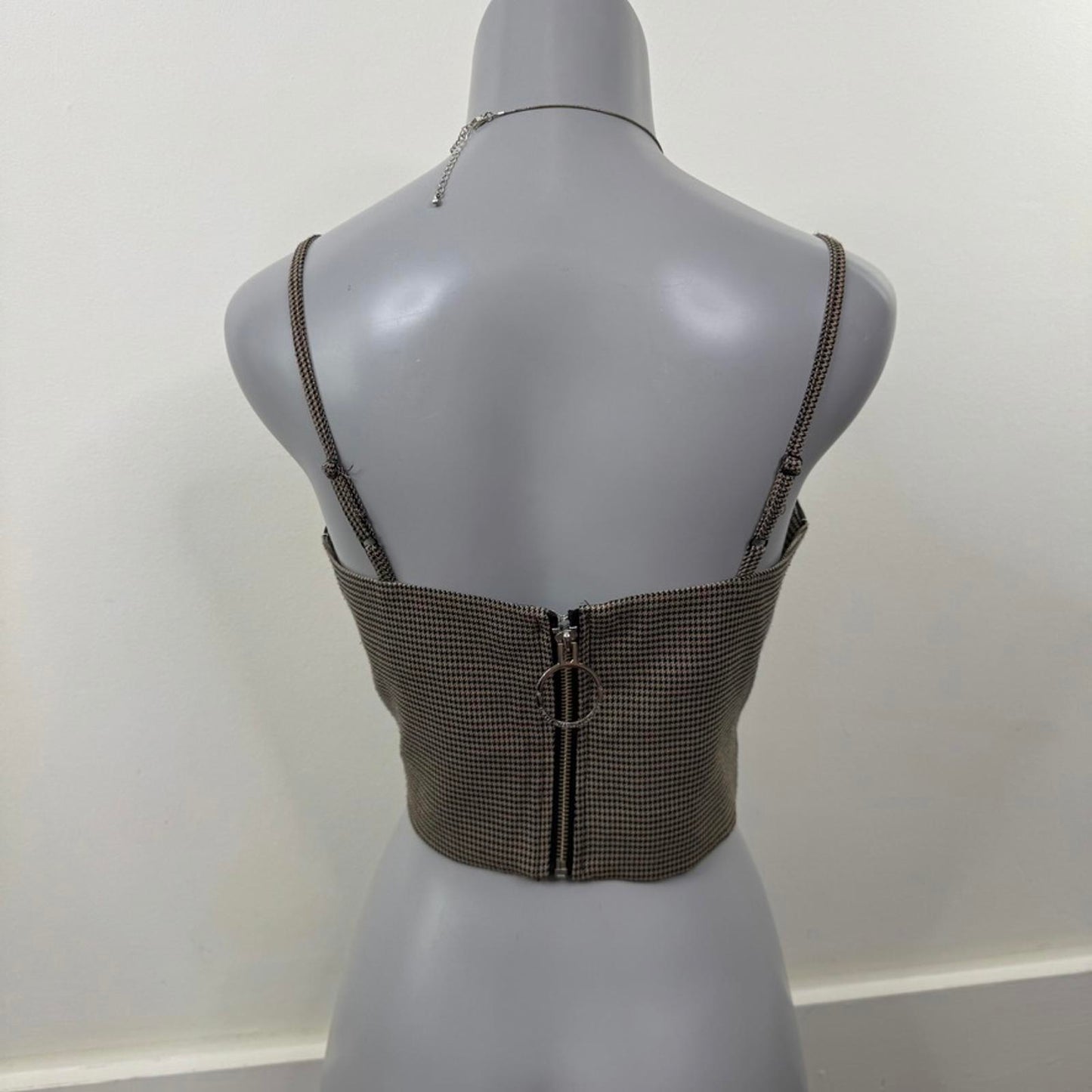Stussy houndstooth crop top strappy spaghetti straps logo o ring zip up