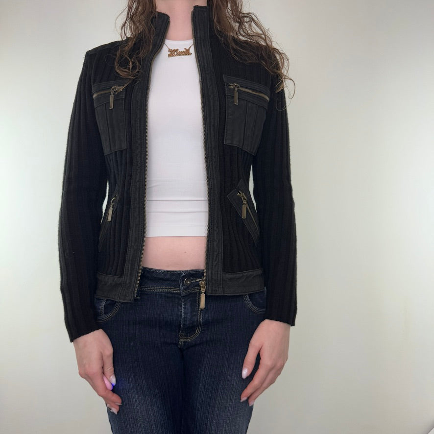 Y2K vintage ribbed knit suede zip up jumper