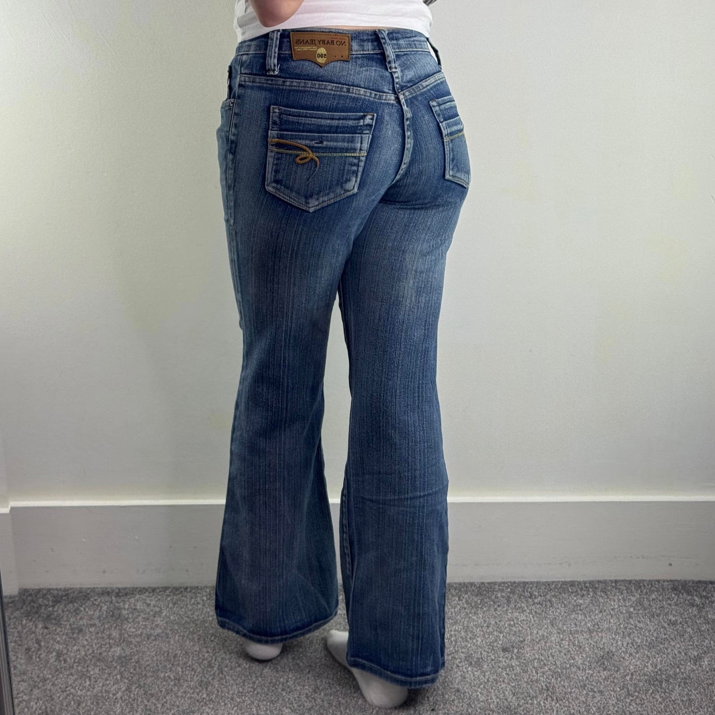 Y2K vintage mid rise bootcut flare denim jeans stretchy faded embroidered