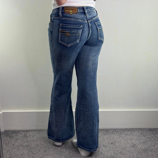 Y2K vintage mid rise bootcut flare denim jeans stretchy faded embroidered