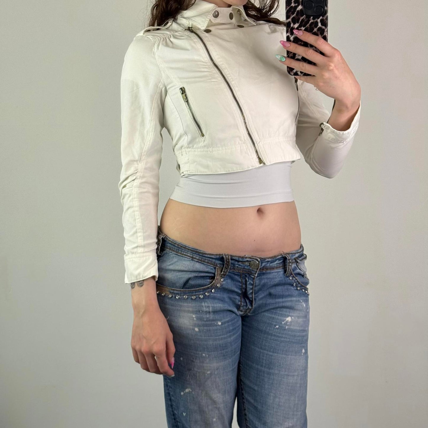 Vintage cropped fitted long sleeve jacket lightweight asymmetrical zipper XS