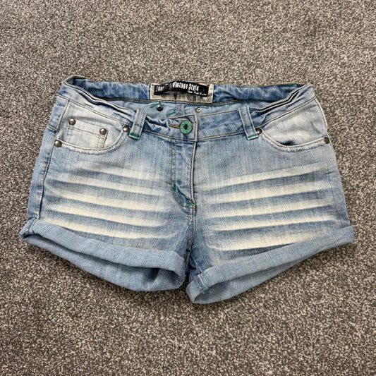 Y2K vintage low rise faded denim mini shorts stretchy turned up hem light blue