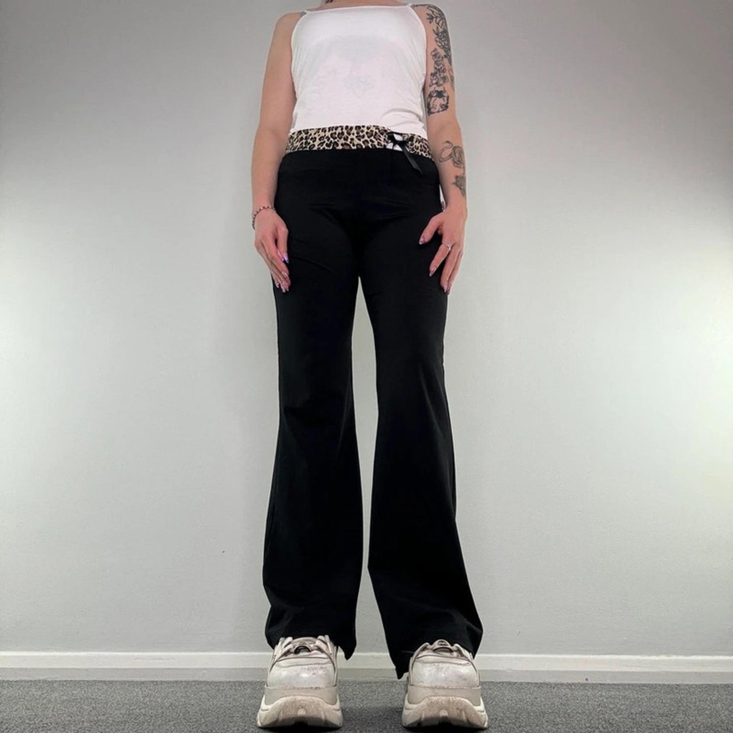 Y2K vintage leopard print waistband bow flare yoga pants leggings wide leg