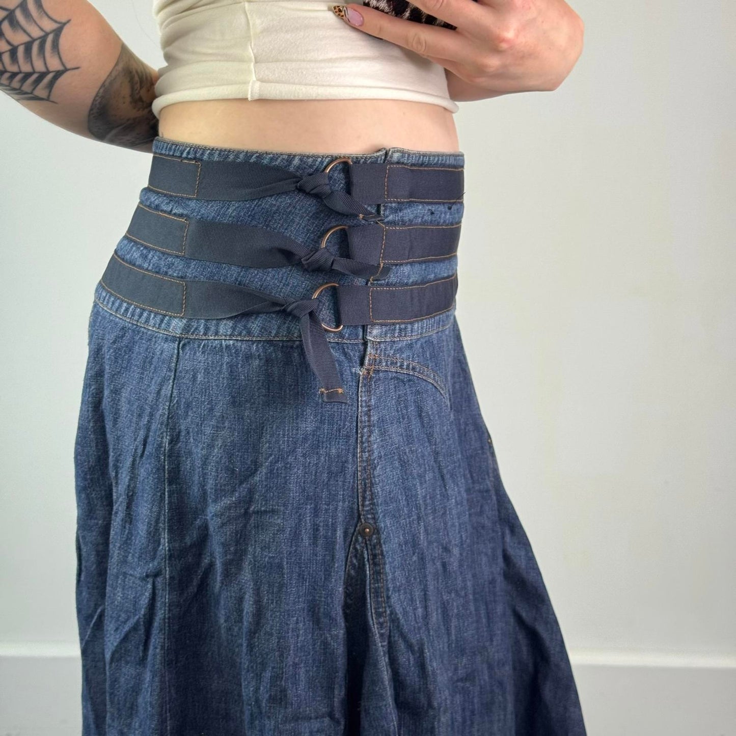 Y2K vintage denim asymmetrical maxi skirt a line floaty contrast stitching