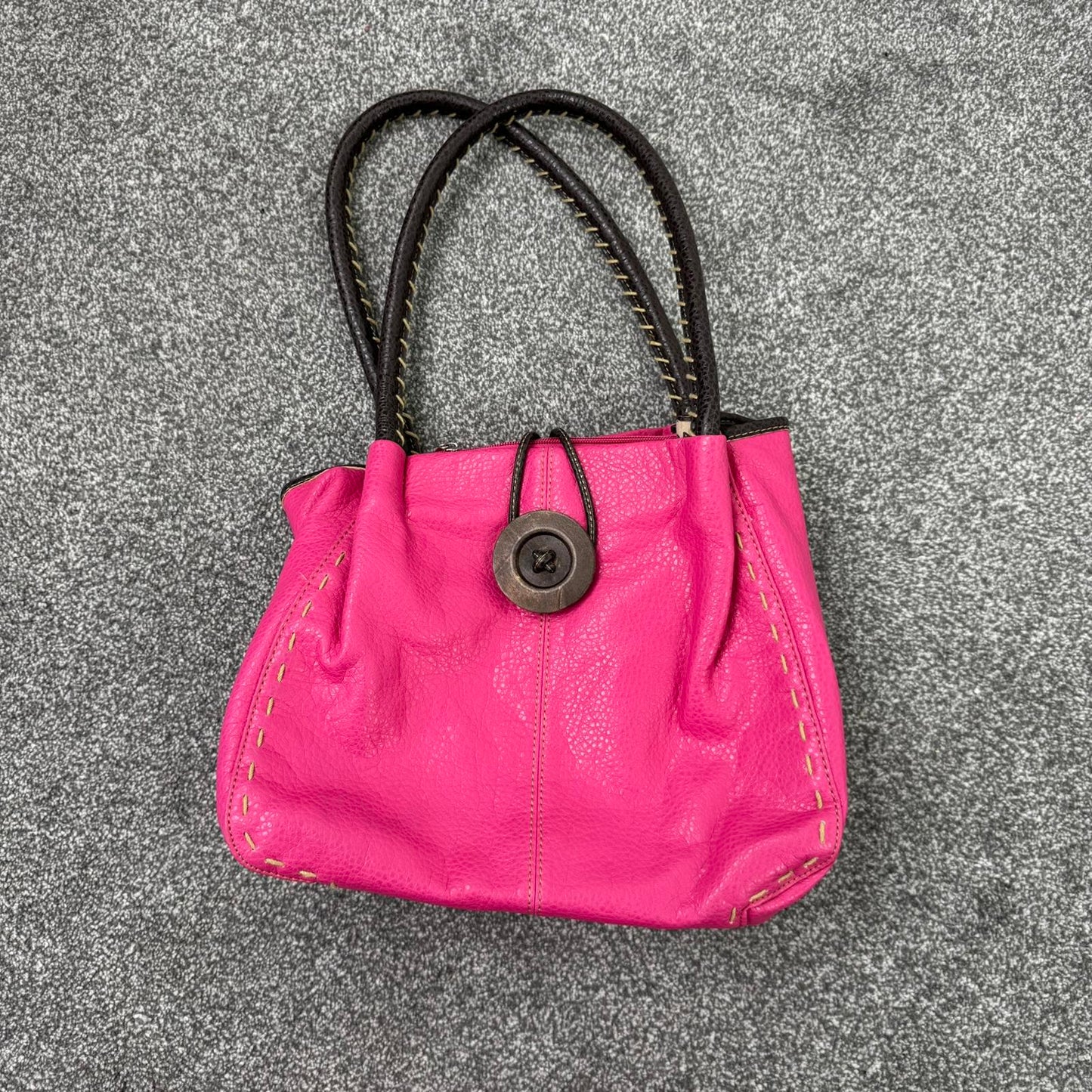 Faux leather shoulder bag big button contrast stitch hot pink brown