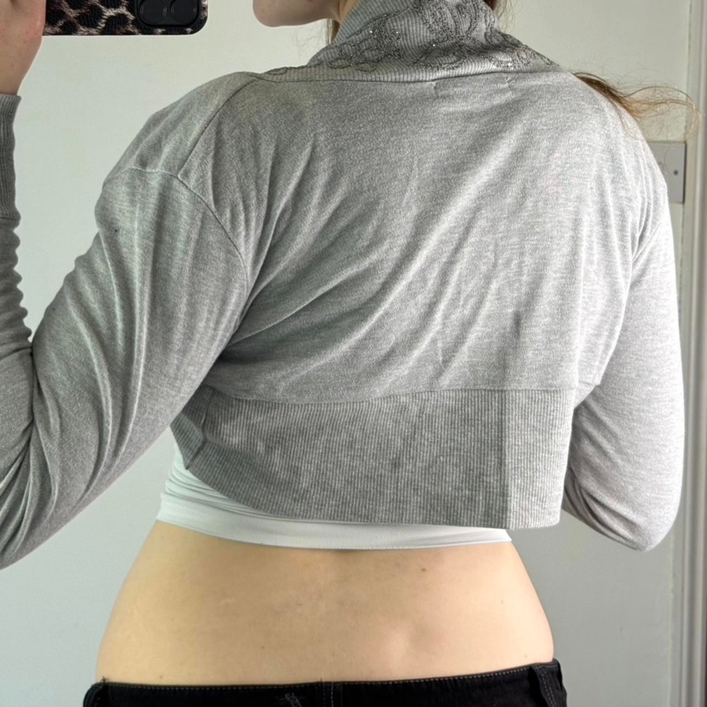 Y2K vintage grey cropped cardigan bolero floral sparkly glitter long sleeve