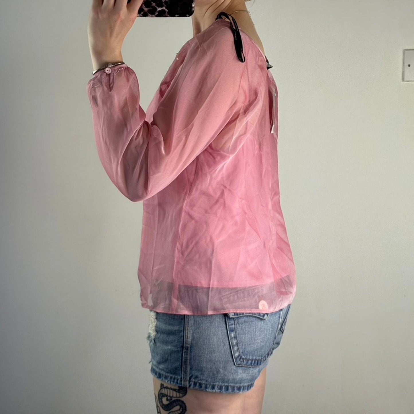 Y2K vintage sheer blouse long sleeve pink keyhole with cami v neck