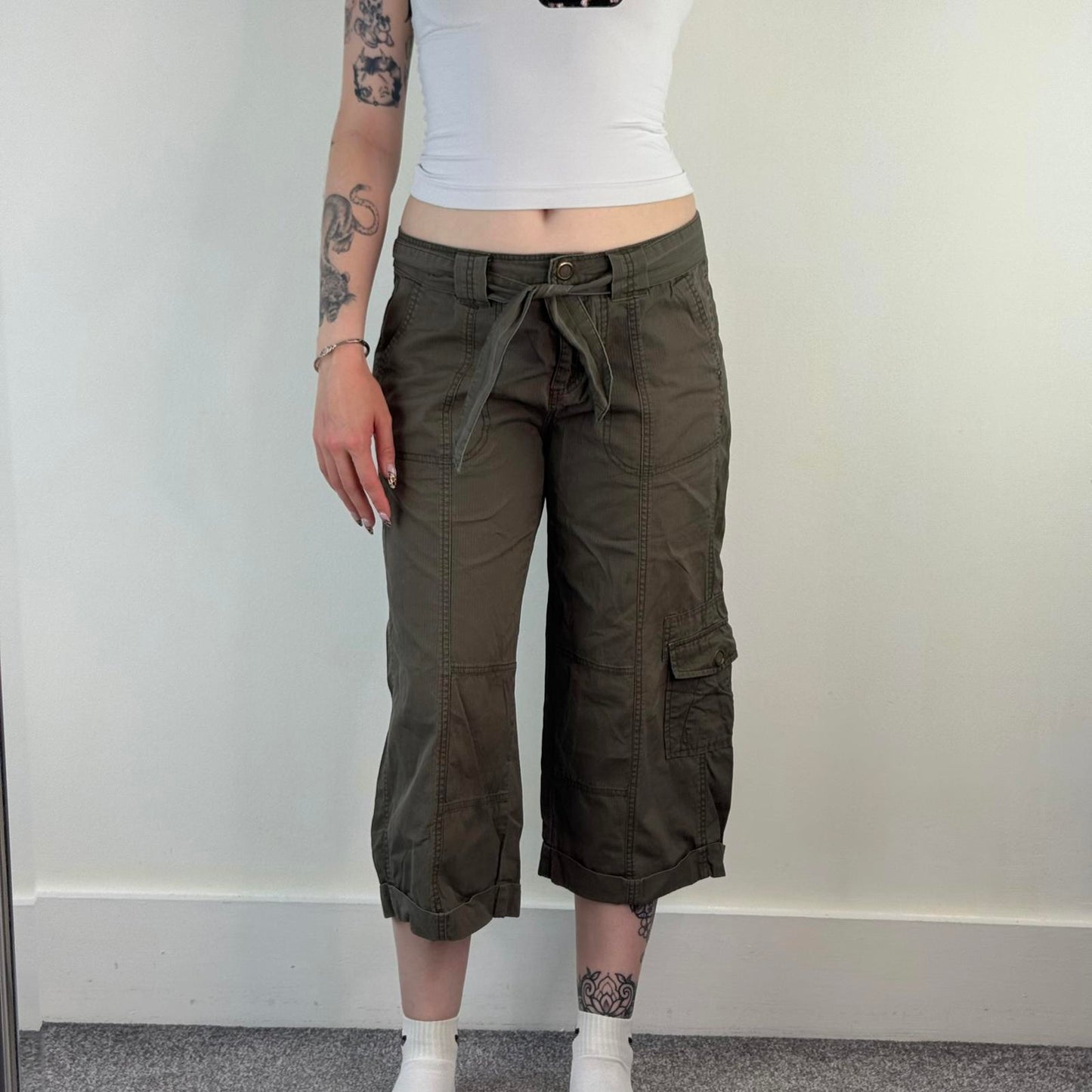 Y2K vintage mid rise stripe cropped capri cargo trousers tie bow belt pockets