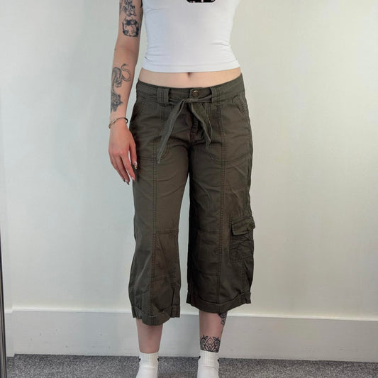 Y2K vintage mid rise stripe cropped capri cargo trousers tie bow belt pockets