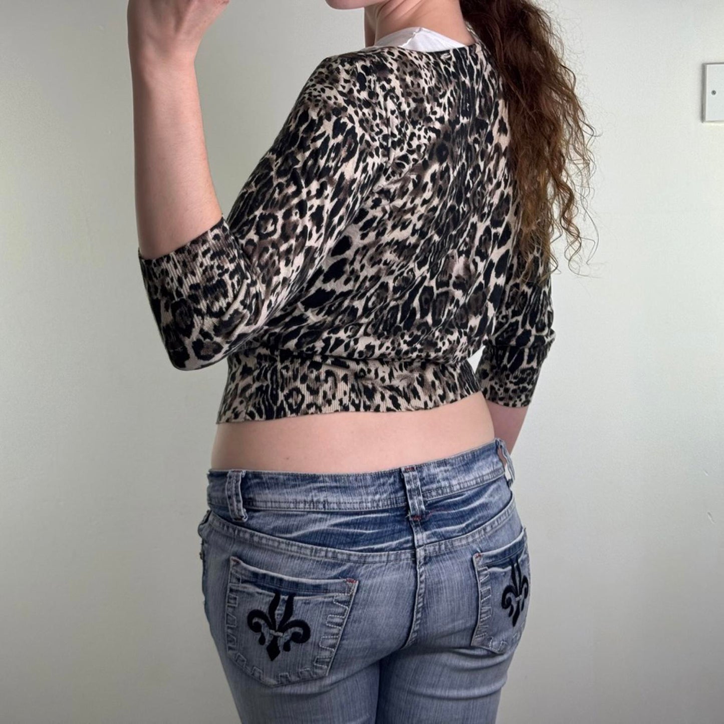 Y2K vintage New Look fine knit leopard print cardigan button up 3/4 sleeve