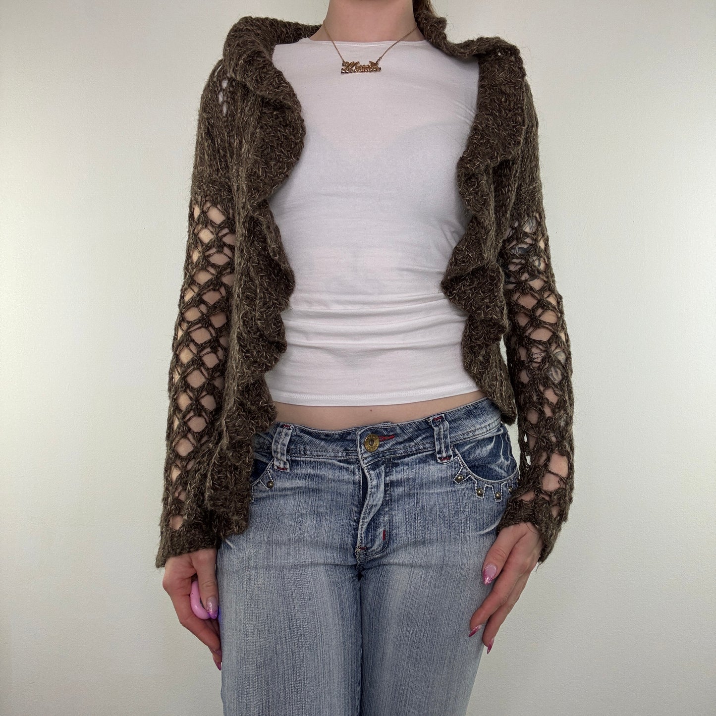 Y2K vintage crochet cardigan ruffle asymmetrical archive waterfall open front