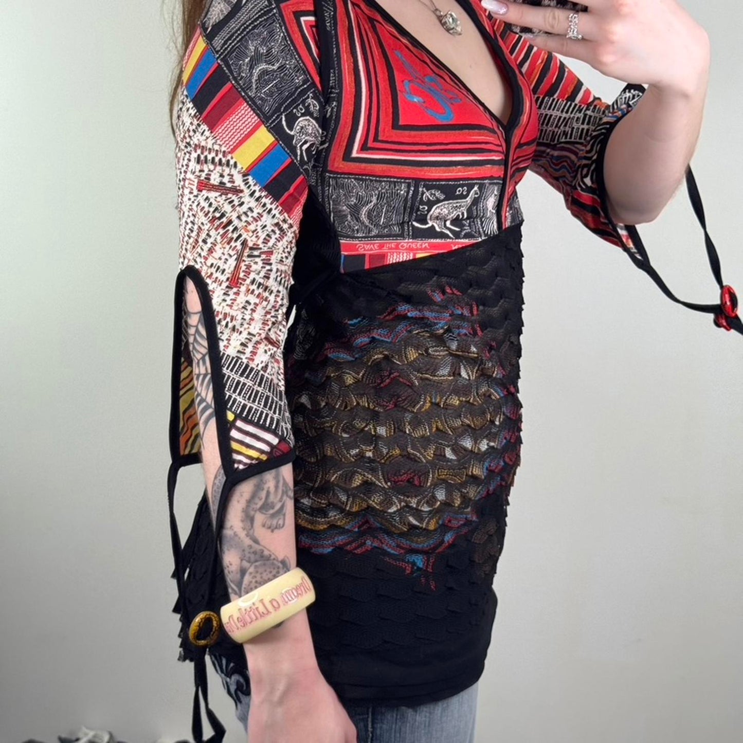 Y2K vintage Save The Queen top 3/4 sleeve top Australia aboriginal print mesh