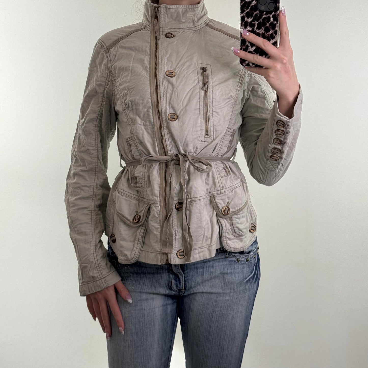 Y2K vintage lightweight button up jacket funnel high neck zip buttons tie belt