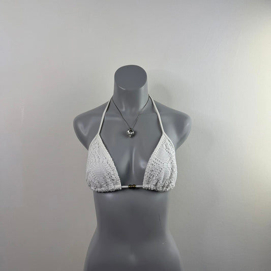 Y2K vintage white crochet beaded halter neck bikini top no padding