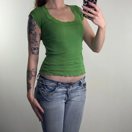 Y2K vintage cap short sleeve top lace trim fitted slight crop lettuce hem green