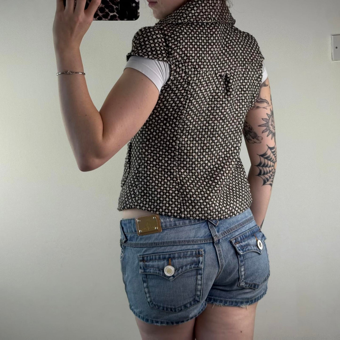 Y2K vintage sparkly part wool button up short sleeve jacket archive brown white