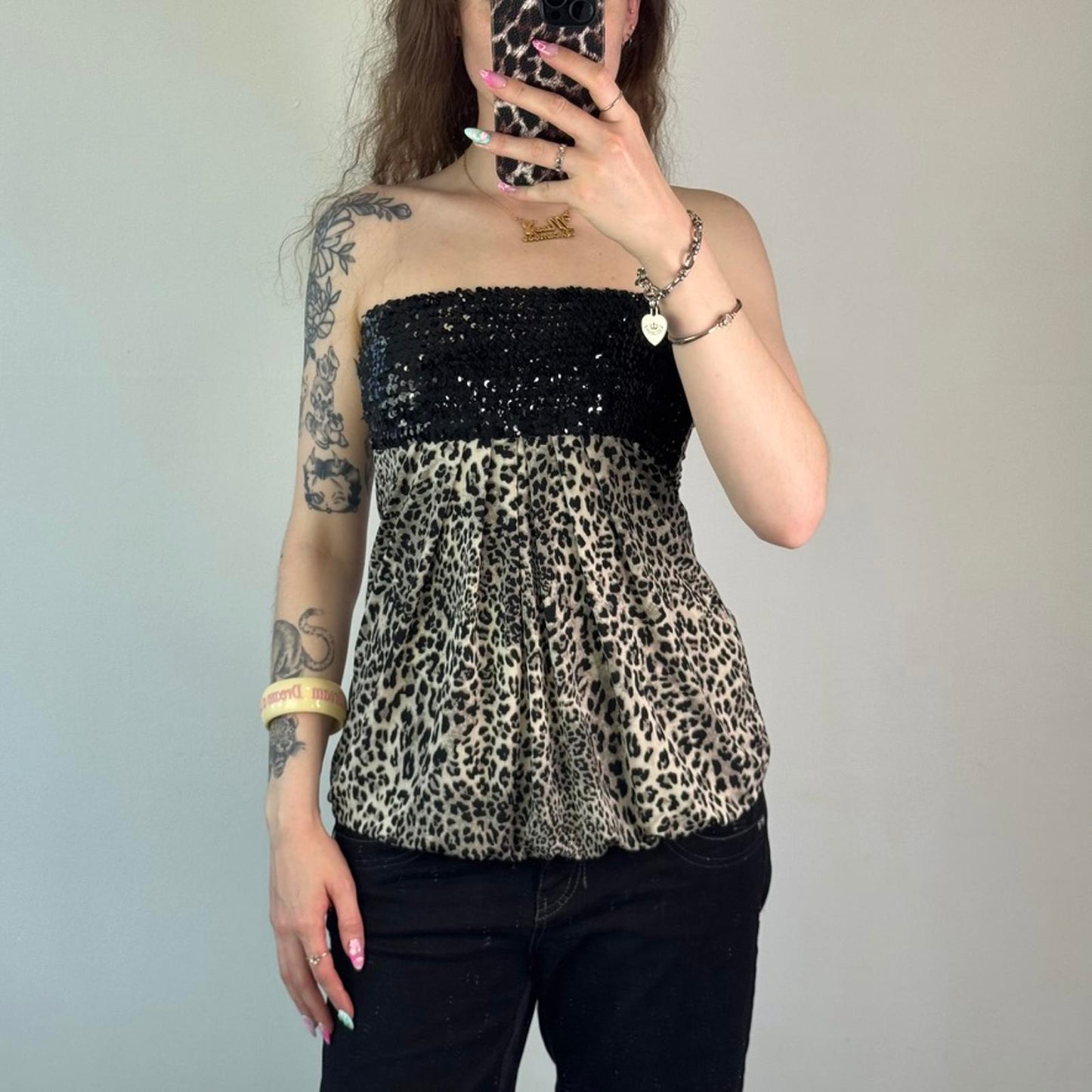 Y2K vintage strapless sequin leopard print top longline peplum ruched stretchy
