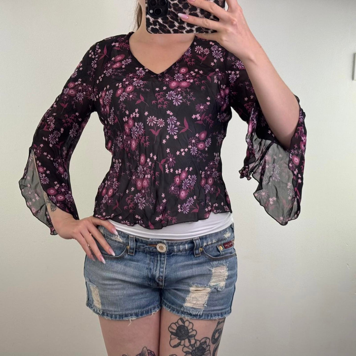 Y2K vintage sheer floral pattern flare sleeve top v neck purple black blouse