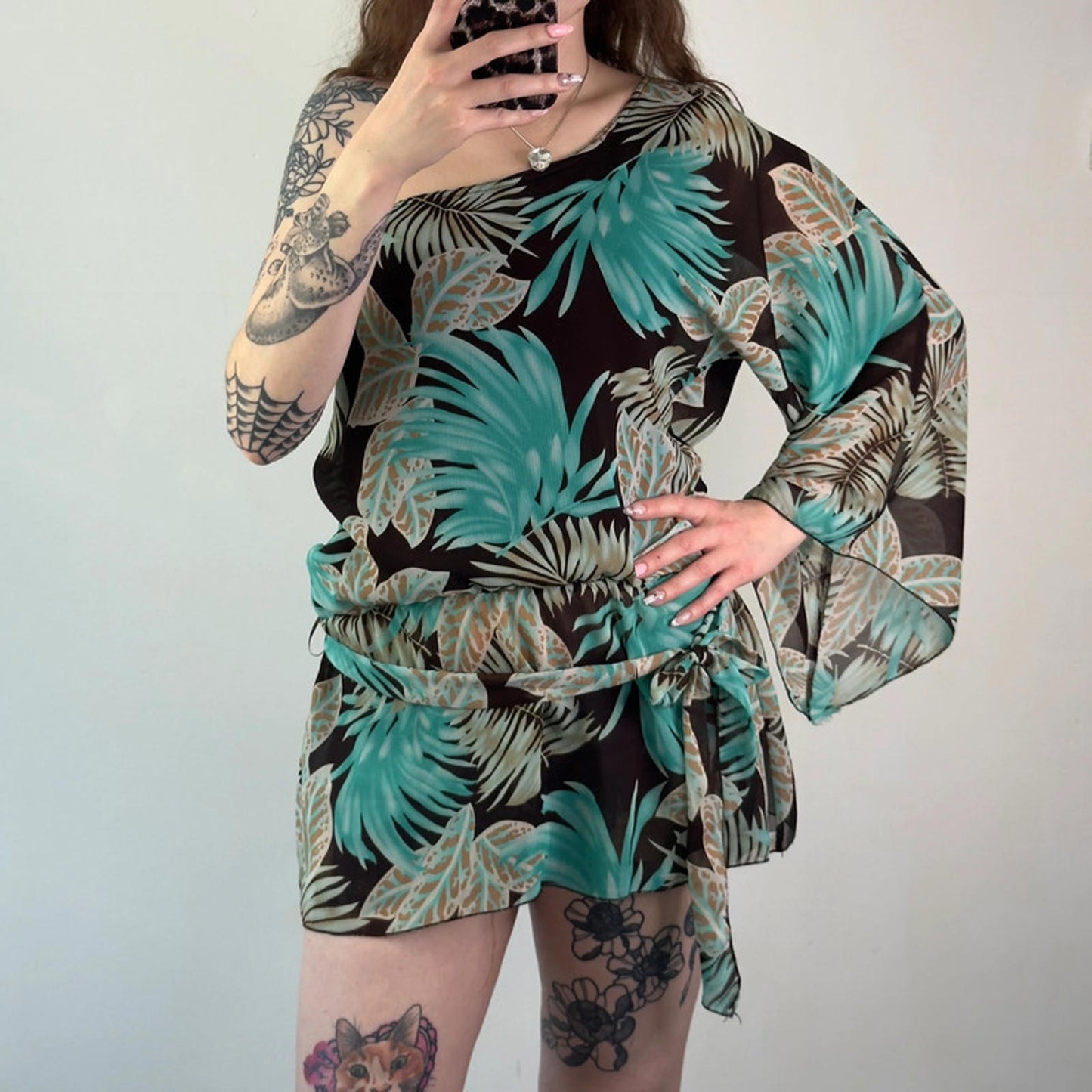 Y2k vintage flowy one shoulder summer long top palm tree summer flare sleeve