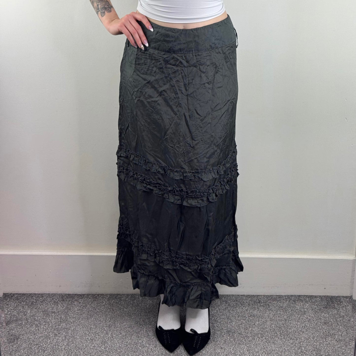 Y2K vintage maxi skirt a line ruffle hem dark grey acetate ruched lightweight