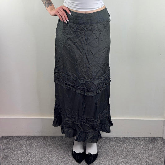 Y2K vintage maxi skirt a line ruffle hem dark grey acetate ruched lightweight