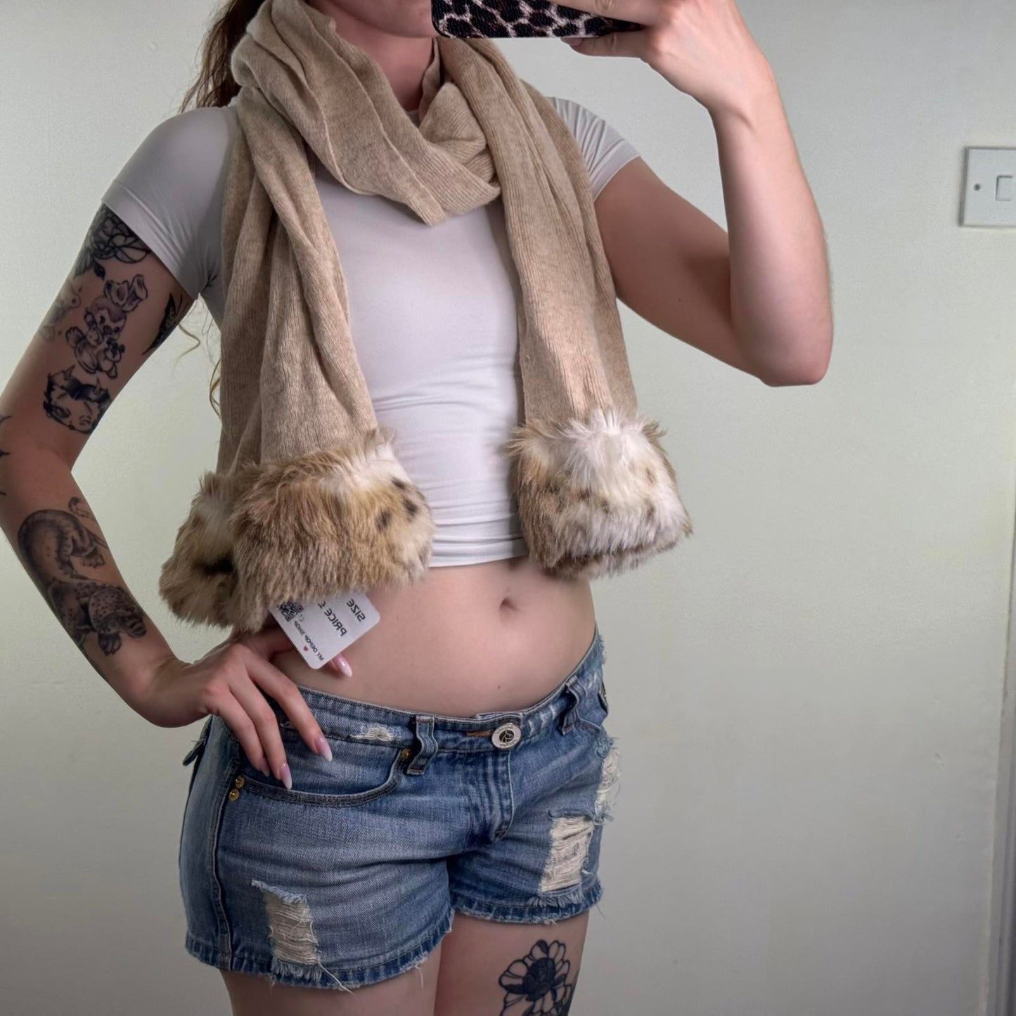 Y2K vintage wool/ angora blend chunky wide scarf faux fur trim fine knit