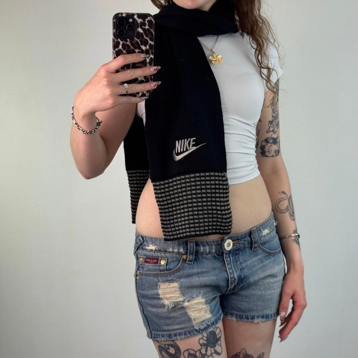 Y2K vintage Nike knit black grey stripe scarf unisex embroidered logo