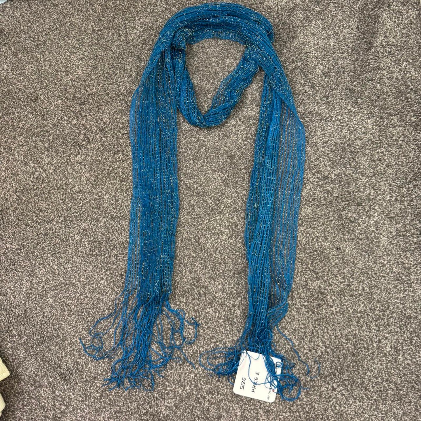 Y2K vintage sparkly glitter scarf stripe sheer blue tassel