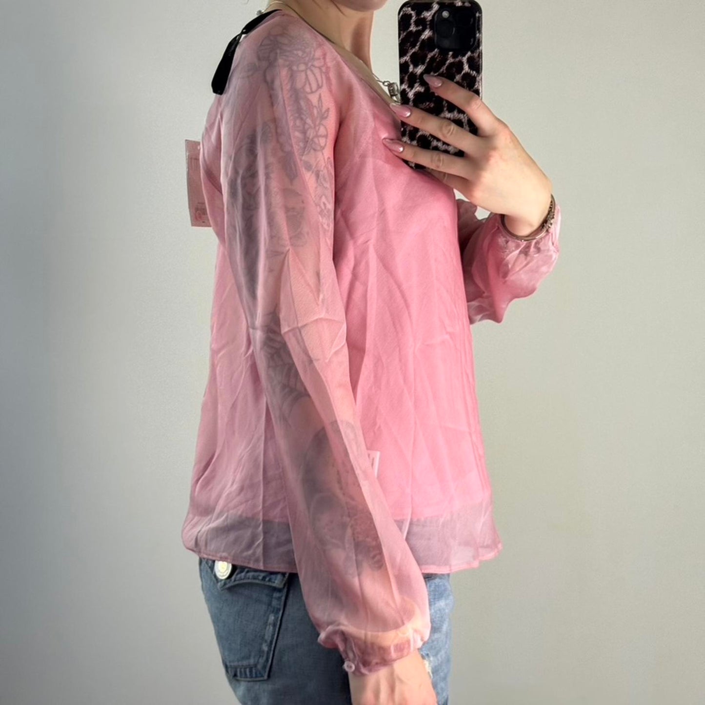 Y2K vintage sheer blouse long sleeve pink keyhole with cami v neck