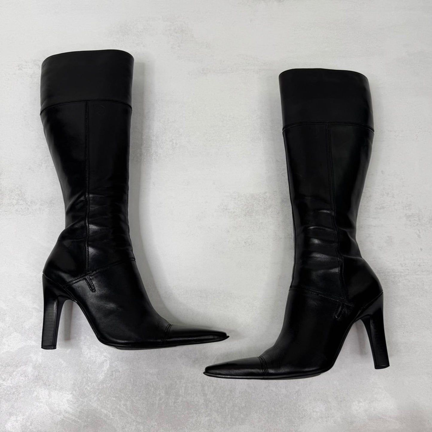 Y2K vintage genuine leather heeled boots square toe fitted block pointed black