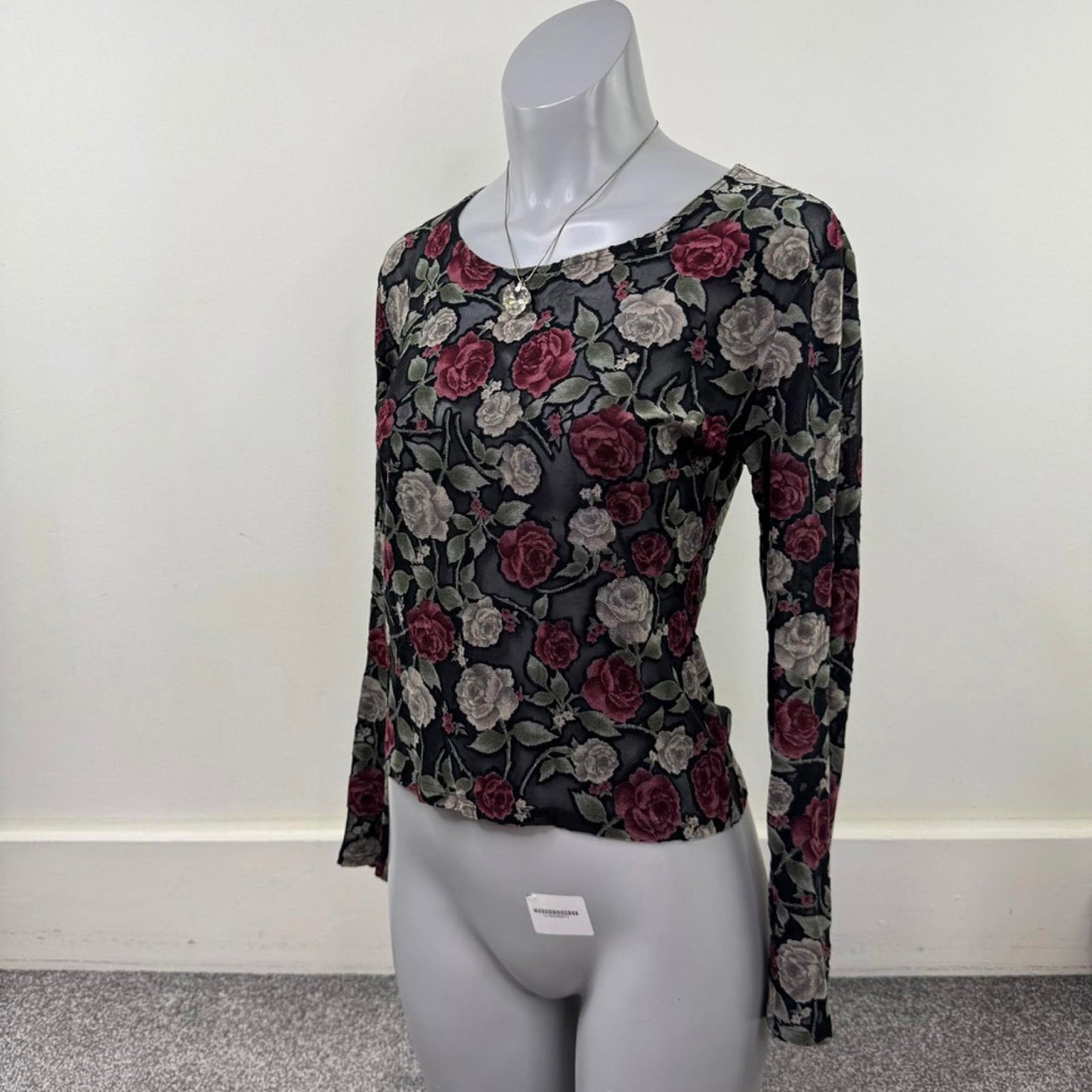 Y2K vintage mesh long sleeve top floral rose pattern sheer stretchy whimsigoth
