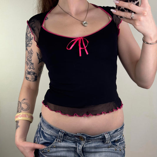 Y2K vintage mesh short sleeve top cap sleeve overlay bow coquette romantic