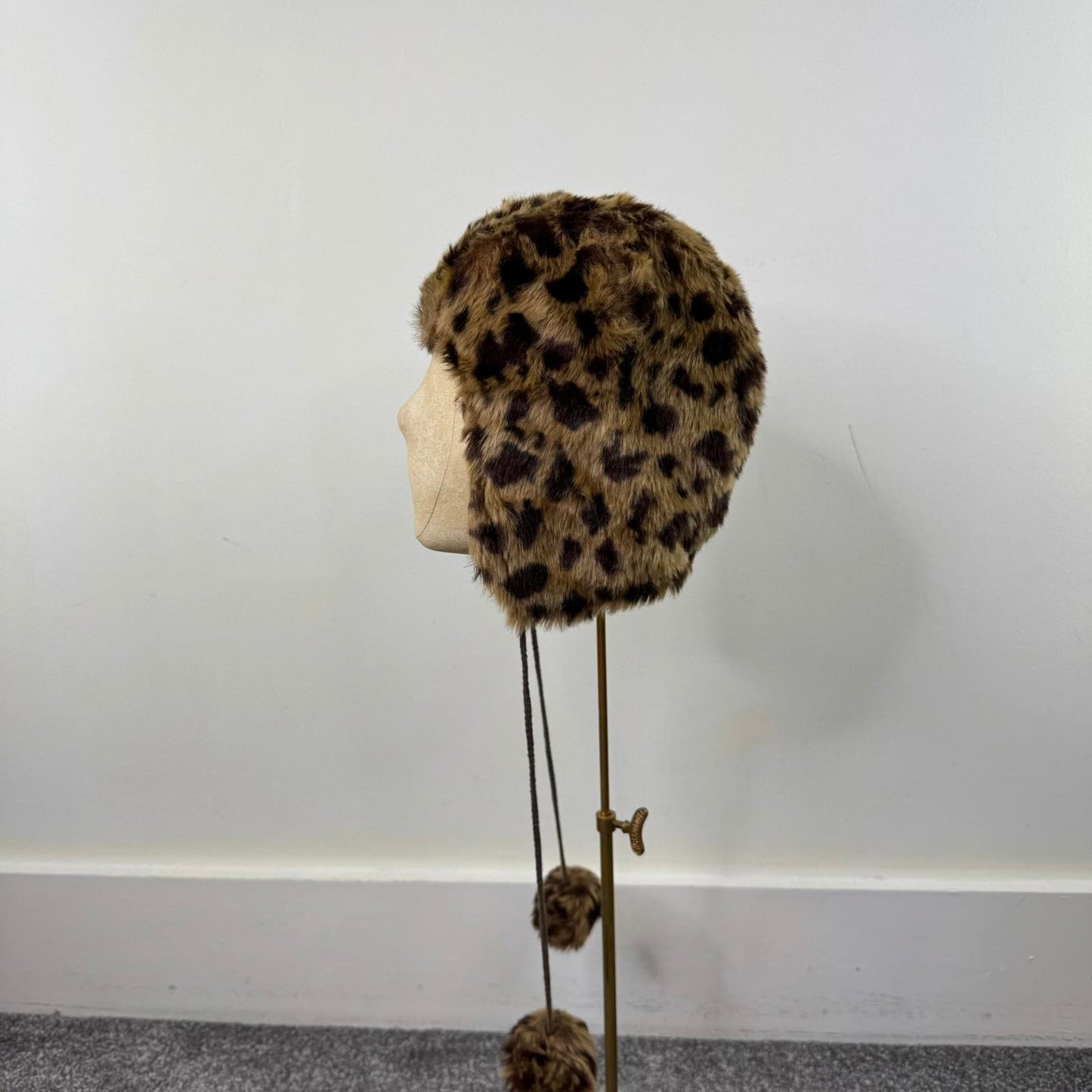 Y2K vintage trapper bear hat faux fur leopard print ears pom poms satin lined