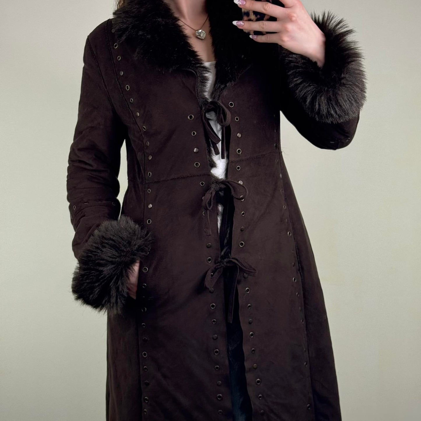 Y2K vintage faux fur coat long trench afghan full length studded grommet brown