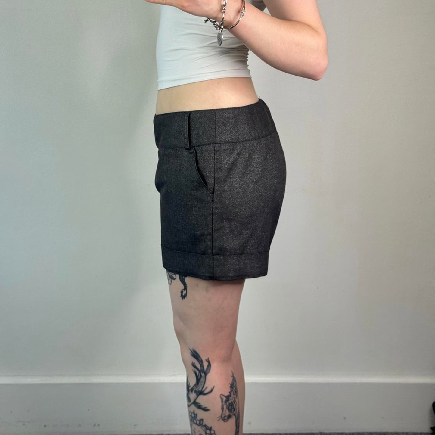 Y2K vintage sparkly glitter mid rise chino mini shorts with big button belt loop