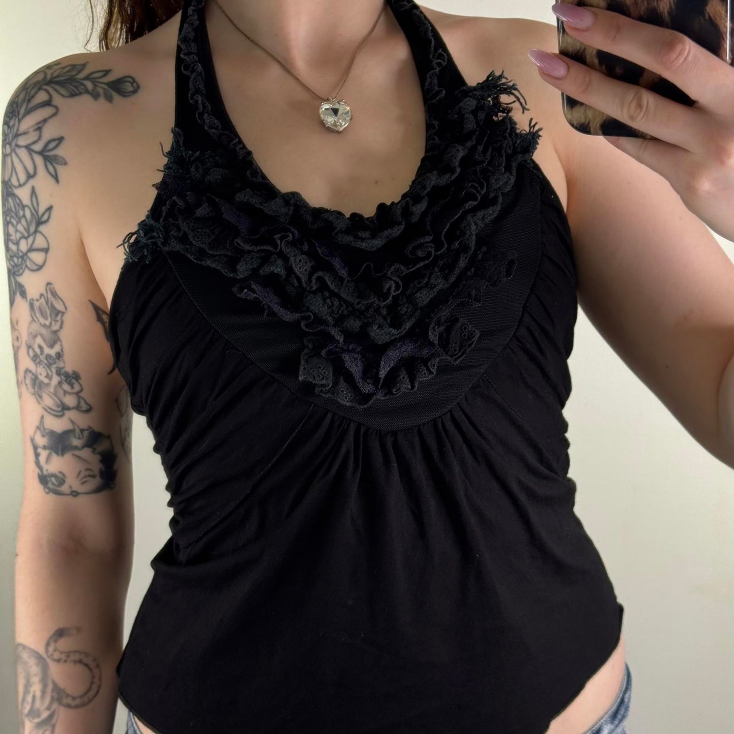 Y2K vintage halter neck tank top ruffle scoop neck frilly broderie anglaise