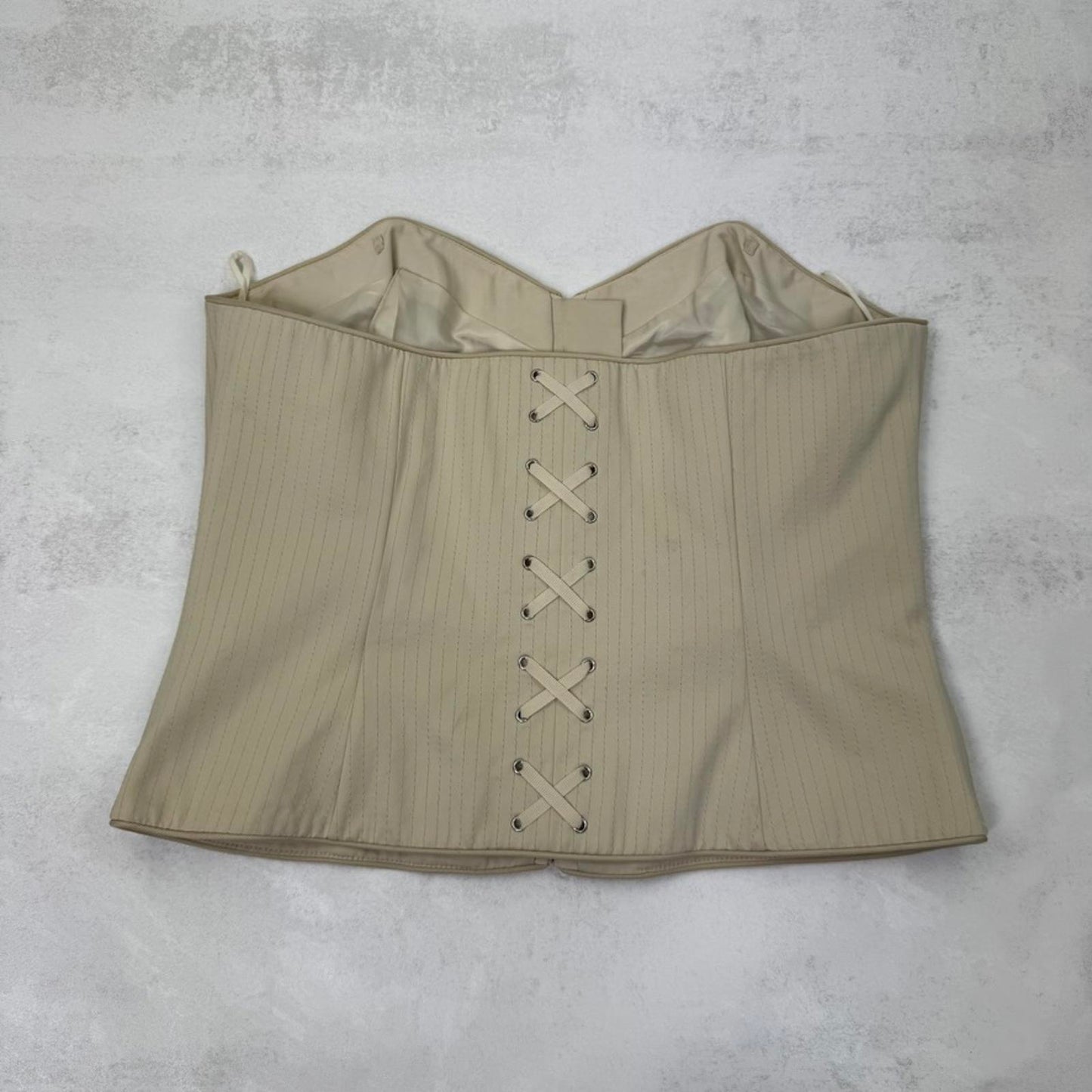 Y2K vintage boned strapless top bustier hook and eye lace up detailing cream