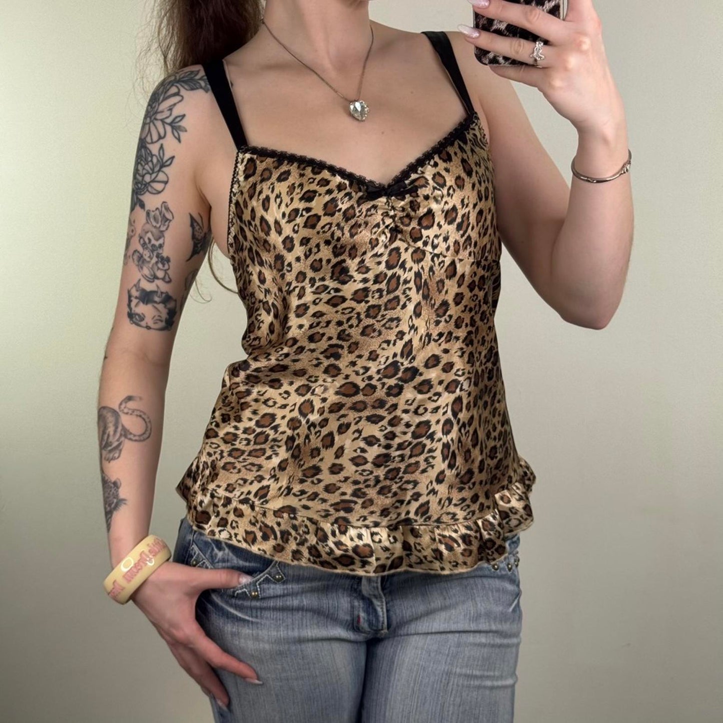Y2K vintage cami top leopard print satin bow ruffle hem lace trim