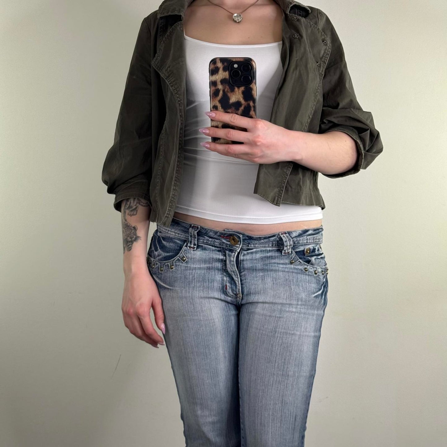 Y2K vintage military pea coat denim jacket ballon 3/4 sleeve pleated cropped