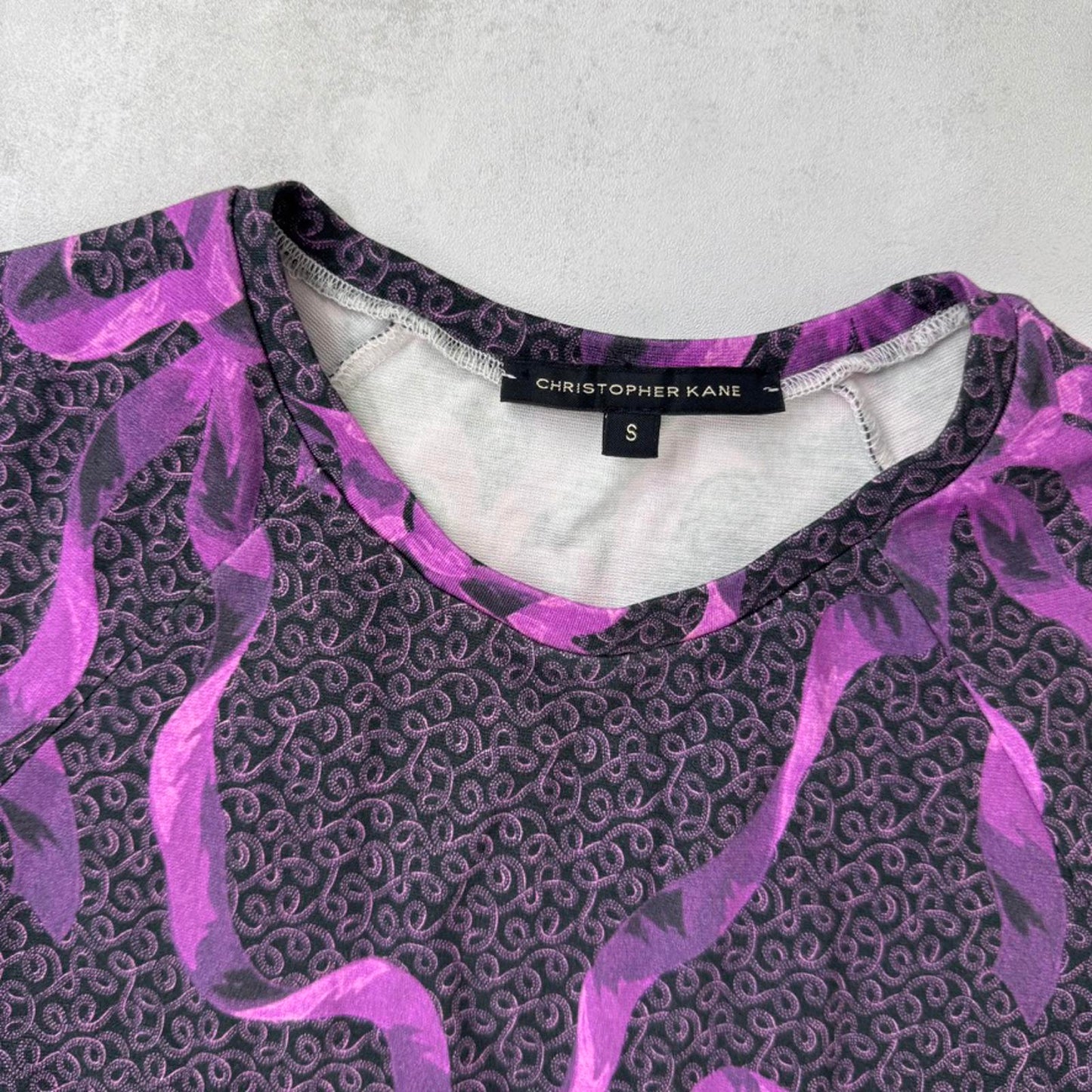 Christopher Kane 3/4 sleeve mini bodycon dress bow purple pattern round neck