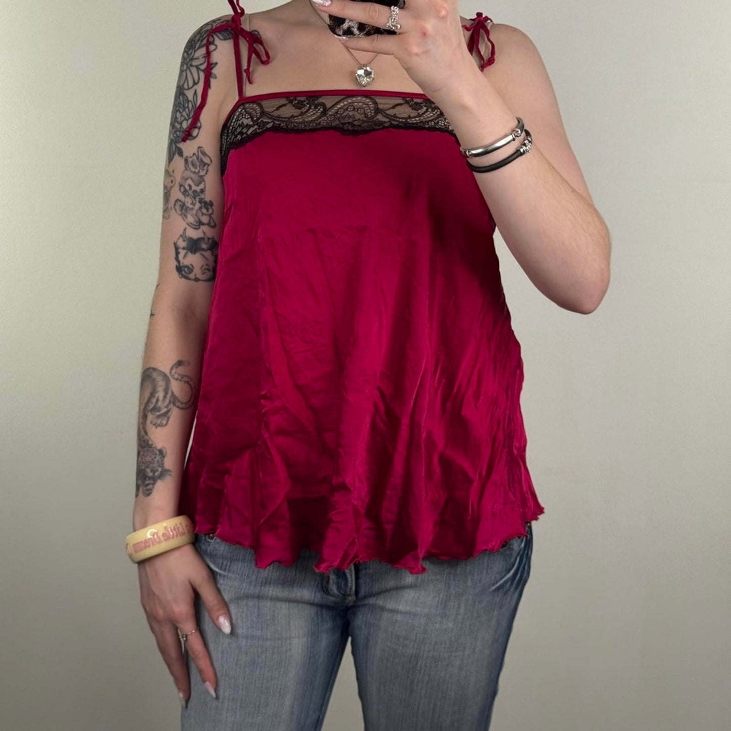 Myla 95% silk cami top adjustable bows flowy babydoll straight neckline red