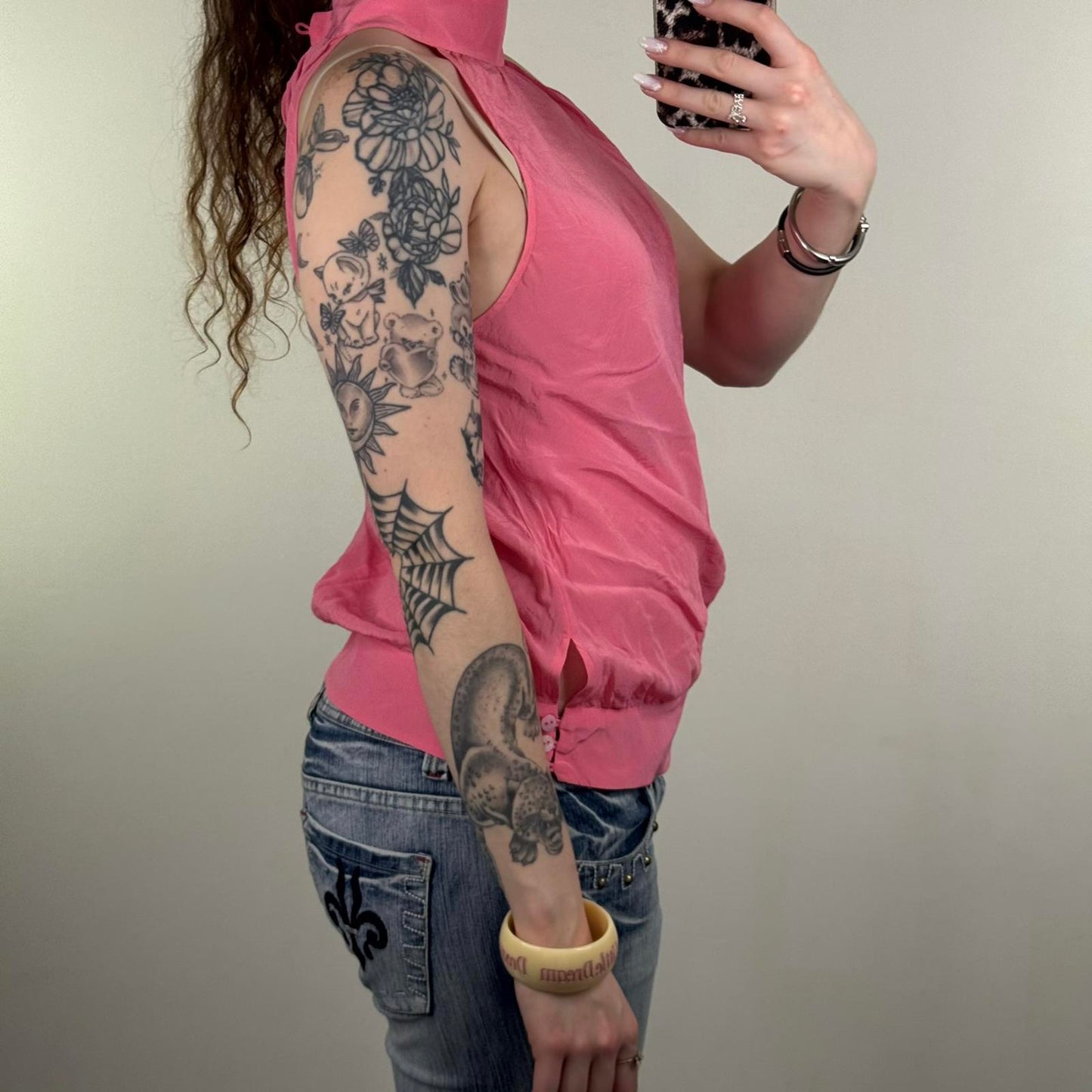 Y2K vintage 100% silk choker blouse sleeveless high neck pink buttons keyhole