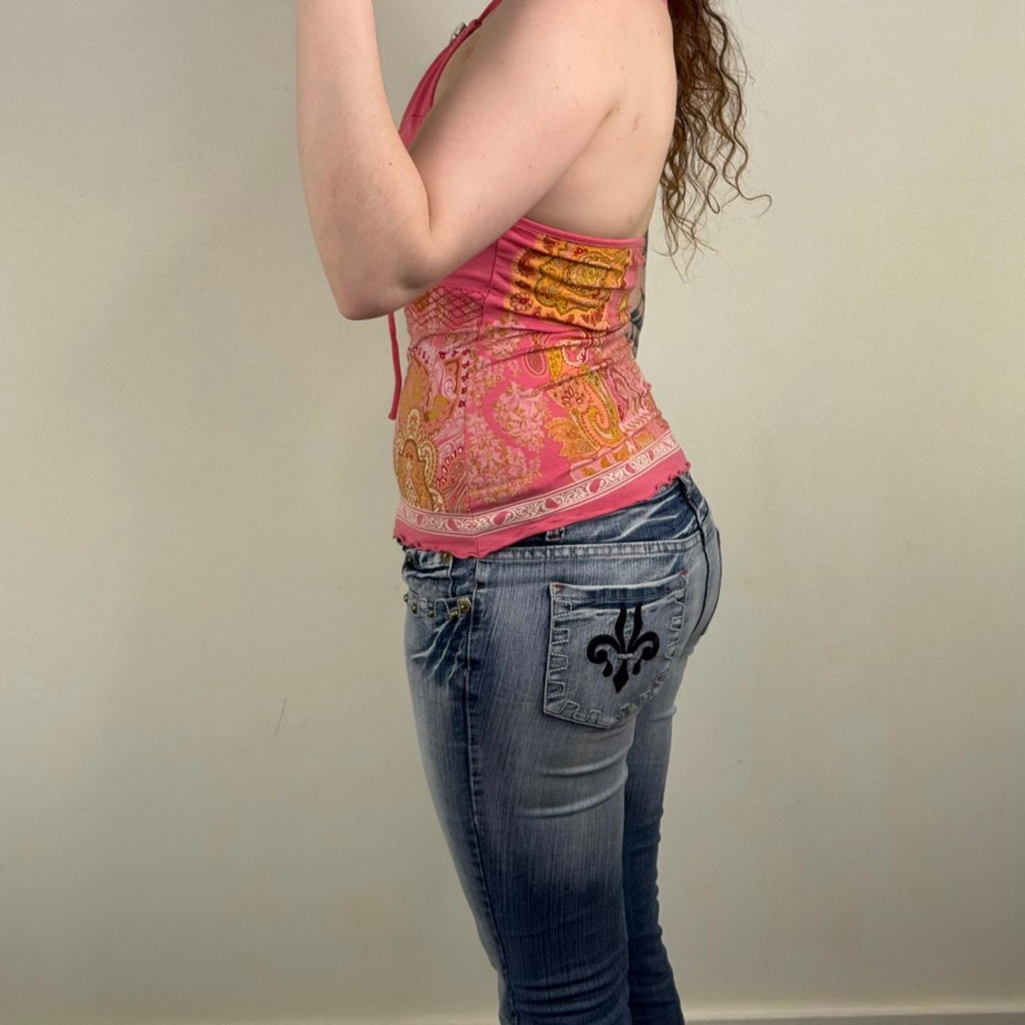 Y2K vintage keyhole tank top halter neck bow paisley pattern bow sparkly