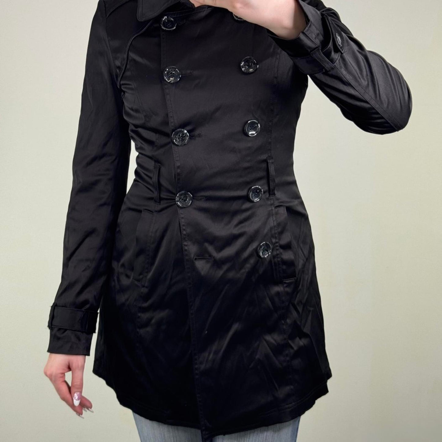 Vintage Jane Norman trench jacket short black satin button up double breasted