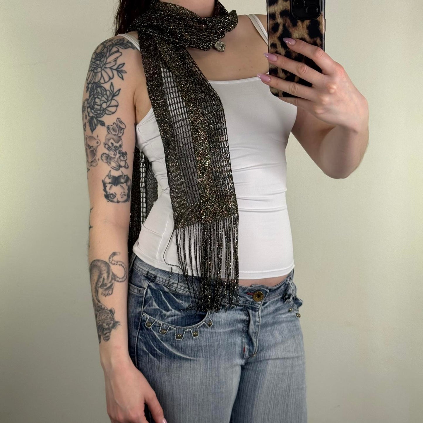 Y2K vintage mesh glitter scarf fringe black gold sparkly sheer lightweight