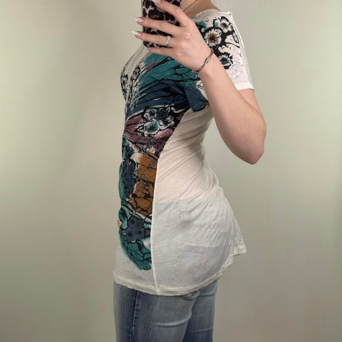 Y2K vintage butterfly slouchy t-shirt short sleeve top deep open v back graphic