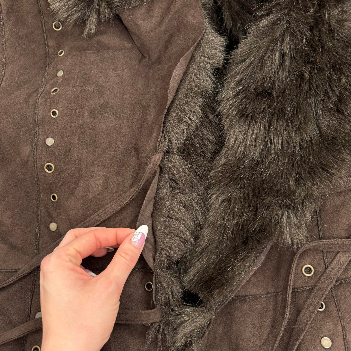 Y2K vintage faux fur coat long trench afghan full length studded grommet brown