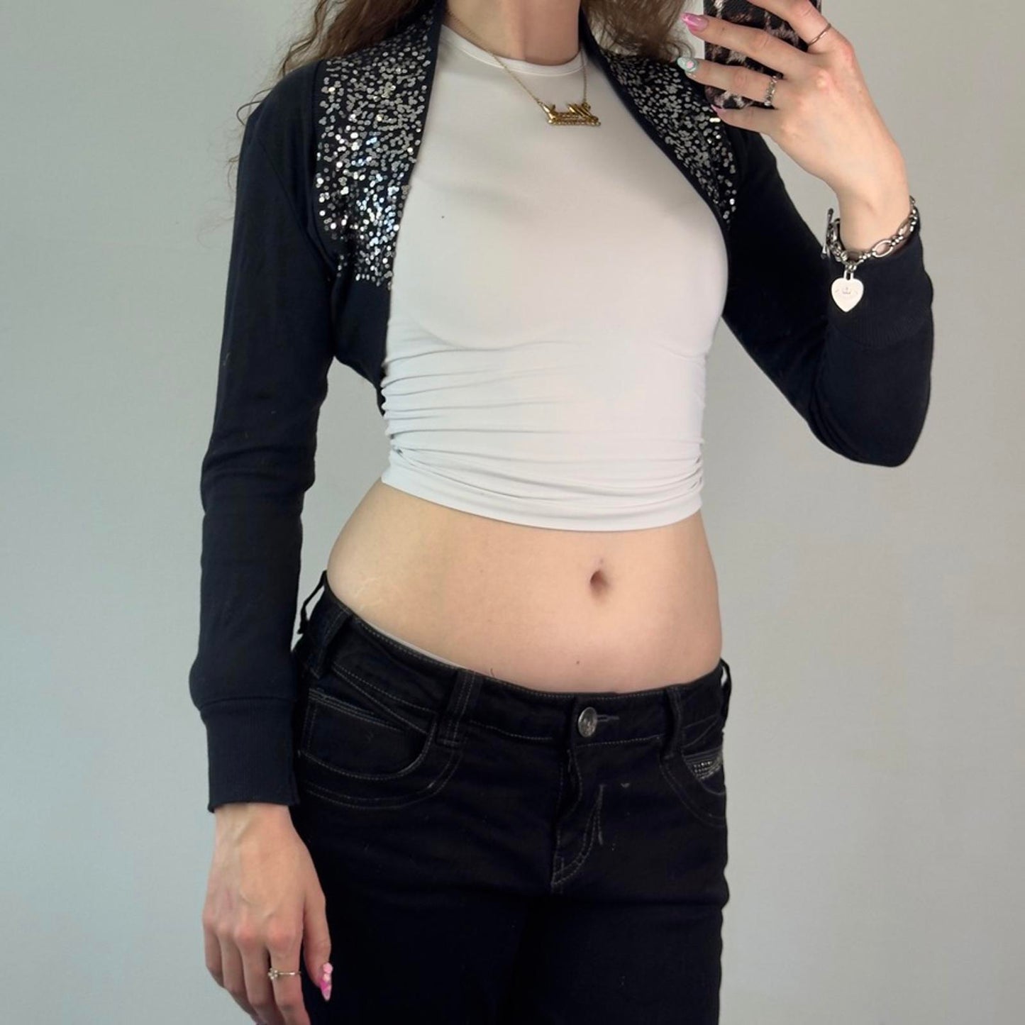 Y2K vintage black cropped cardigan bolero silver sparkly glitter long sleeve